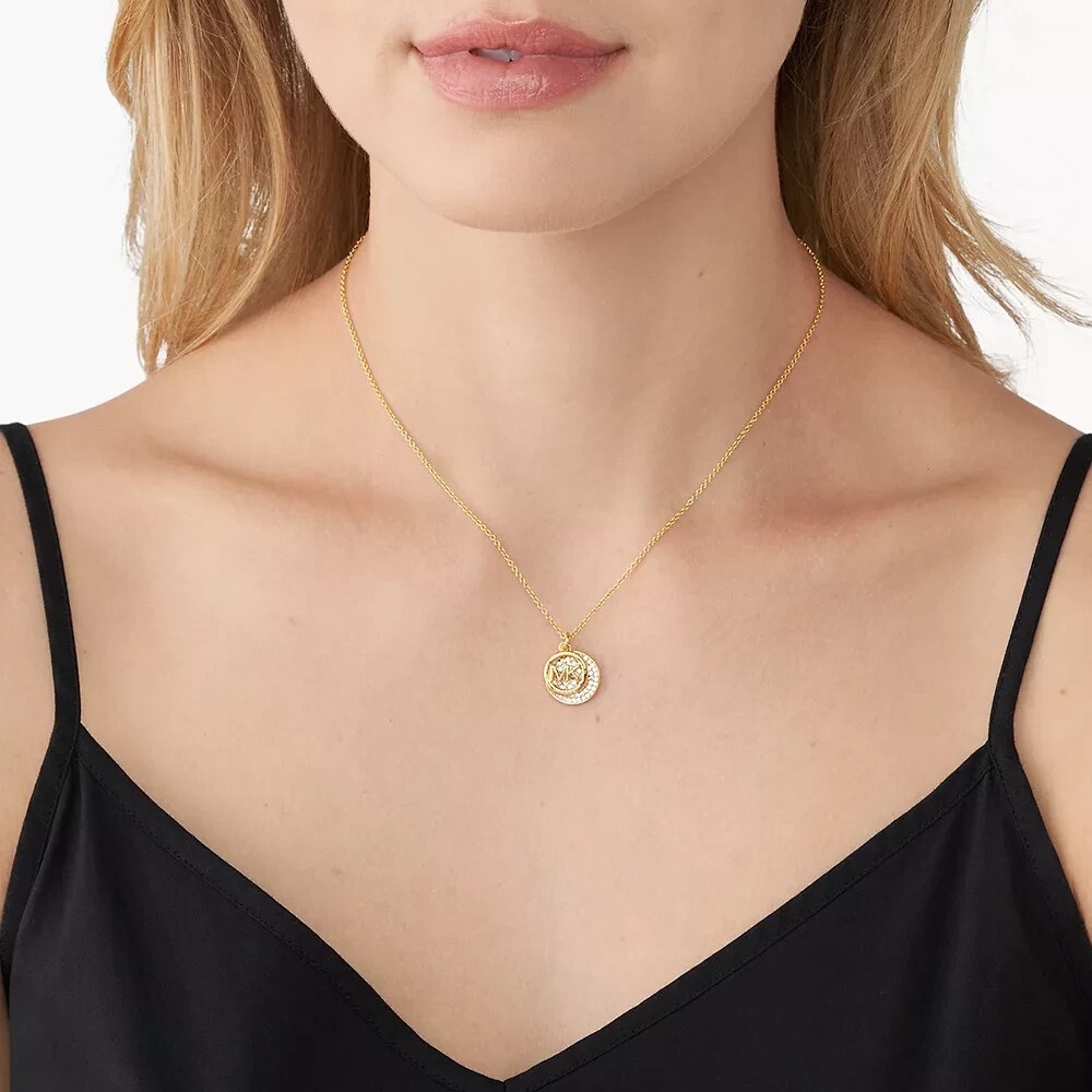 MICHAEL KORS MK Logo 2 Pendants Yellow Gold tone Necklace Crystals MK BOX